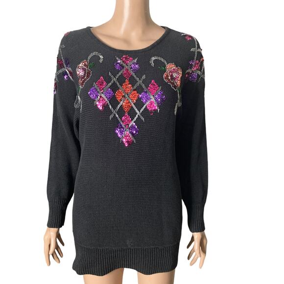 Vintage Victoria Jones Christmas Sweater Womens Sm Black Purple Beaded Sequins - Picture 13 of 13